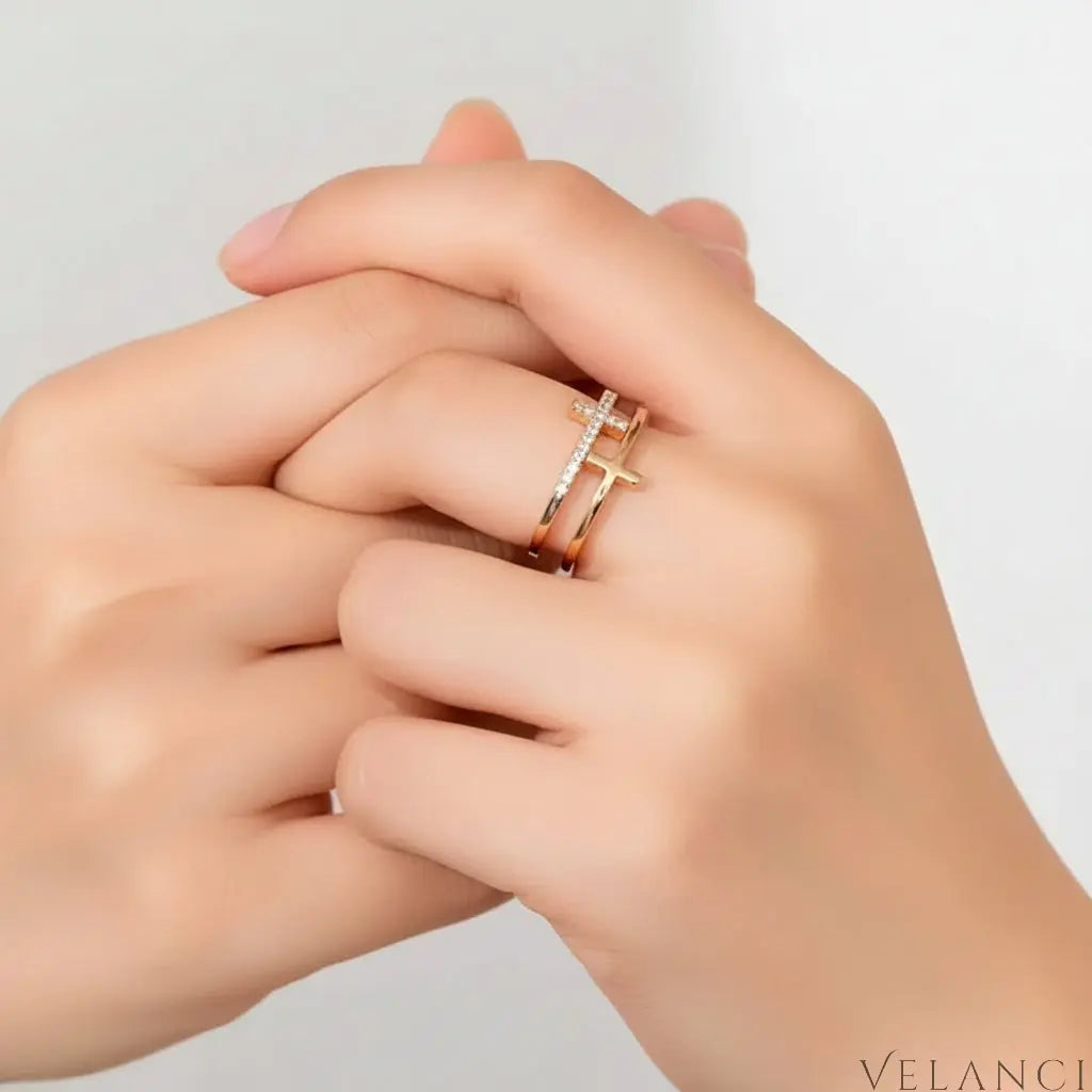 Open Ring Giulia - 18K Gold-Plated Rhinestone Cross Velanci