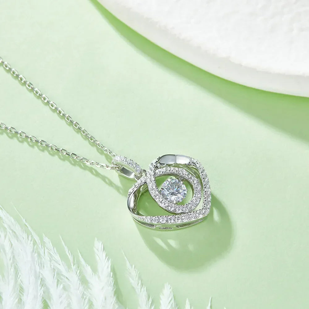Moissanite Heart Necklace - Sterling Silver Halo Pave Velanci
