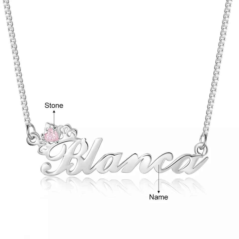 Sterling Silver Birthstone Name Necklace Francesca - Custom Script Name Pendant, Rhodium Plated Velanci