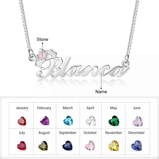 Sterling Silver Birthstone Name Necklace Francesca - Custom Script Name Pendant, Rhodium Plated Velanci