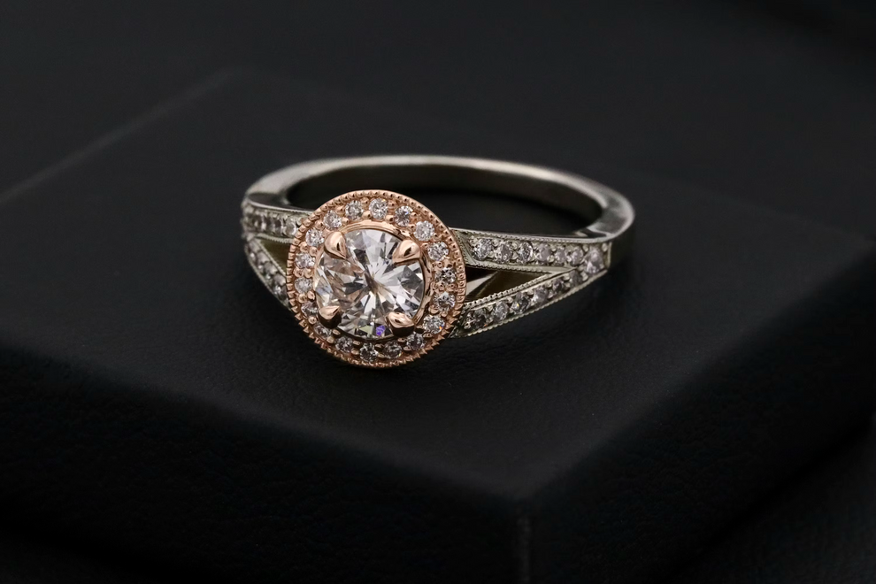 Elegant ring with a large diamond on a black background