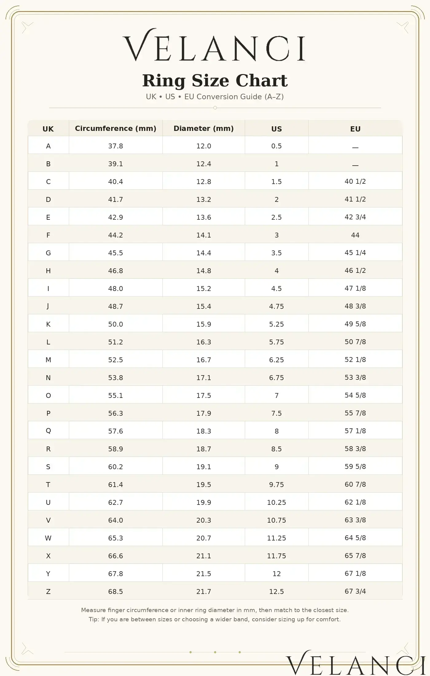 Velanci ring size chart on a beige background